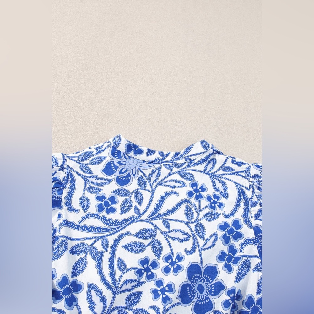 LOVESOFT Blue Flower Print Puff Sleeve Tiered Flowey Mini Dress - Picture 6 of 7